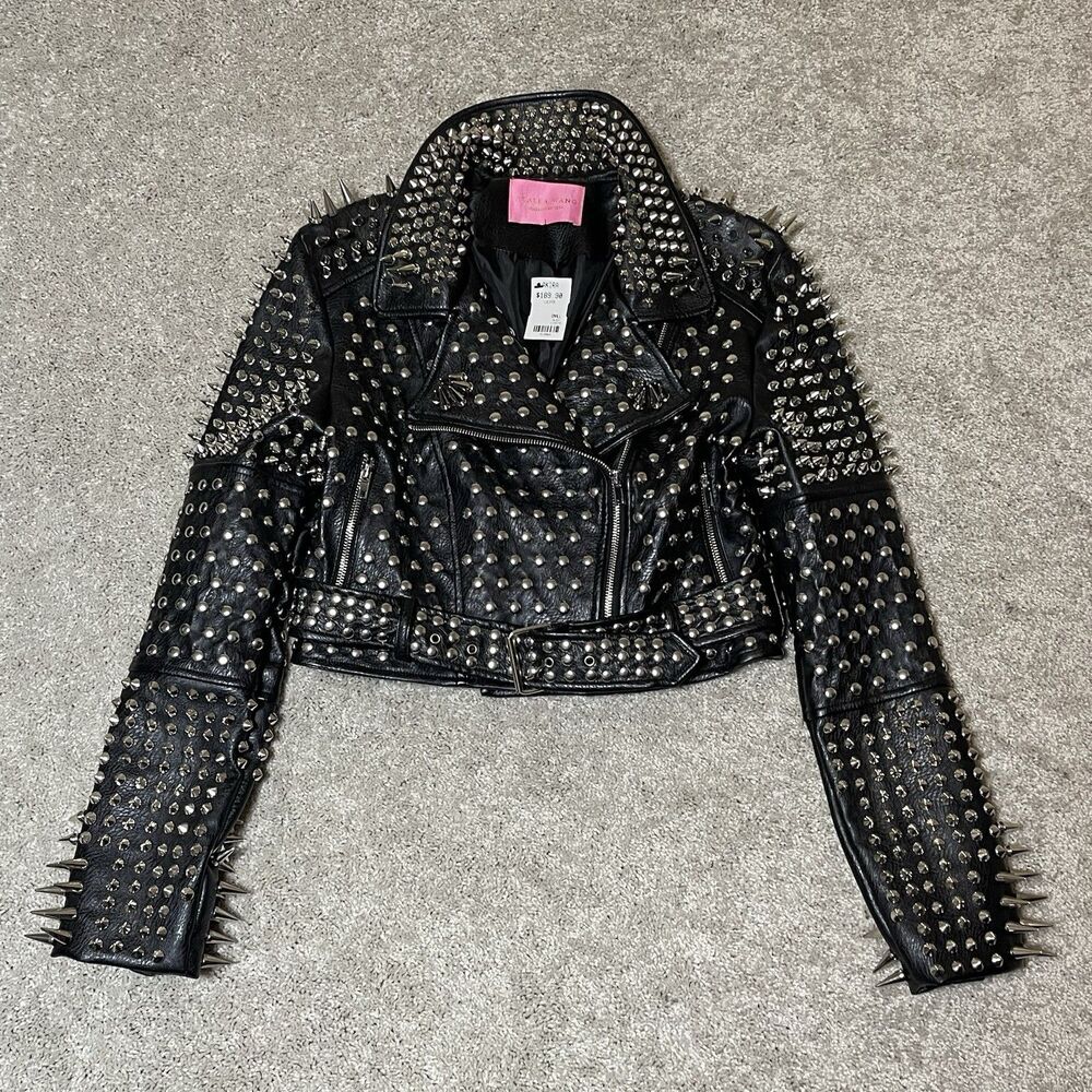 Azalea Wang Women's Lucifer Studded Spiked Belted Faux Leather Jacket Sz S - NWT